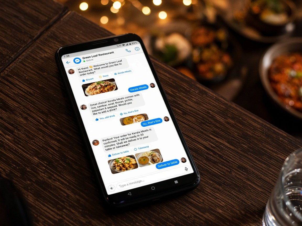 Early Messenger-style restaurant ordering bot on a phone in a Kerala restaurant